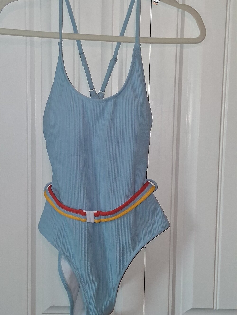 NWT CUPSHE Women's Size M Light Blue One-Piece Swimsuit with Tricolor Belt